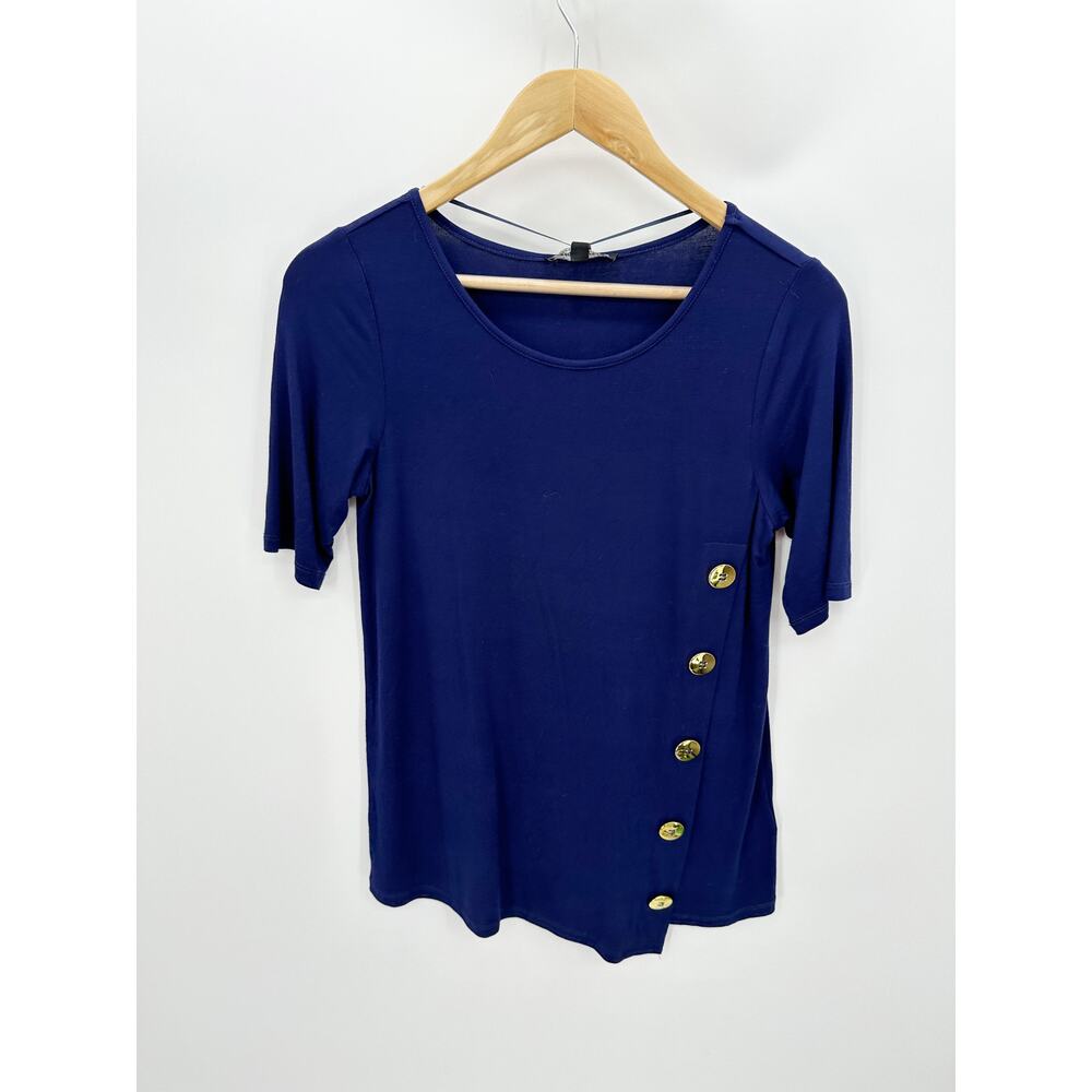 Cable & Gauge Navy Blue Gold Half Sleeve Viscose Blend Top Shirt Women S NWT